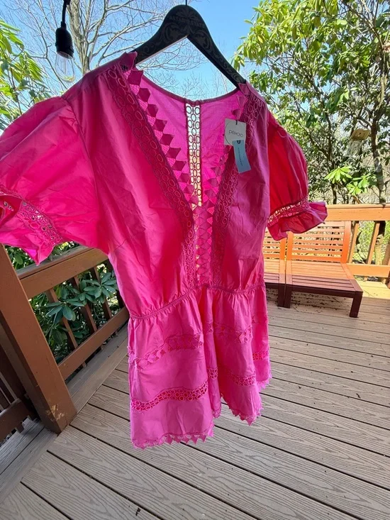 Anthropologie Bright Hot Pink Crochet-Trim Dress - Picture 15 of 16